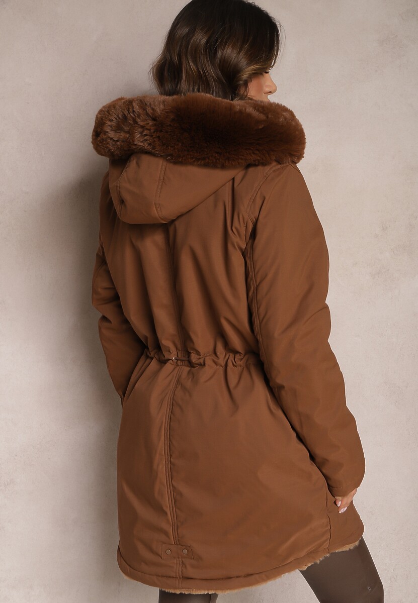 Brązowa Kurtka ze Ściągaczem i Kapturem z Futerkiem Selentia