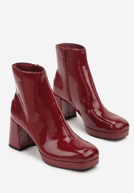 Bordowe Lakierowane Botki Vices na Słupku i Platformie Falesia