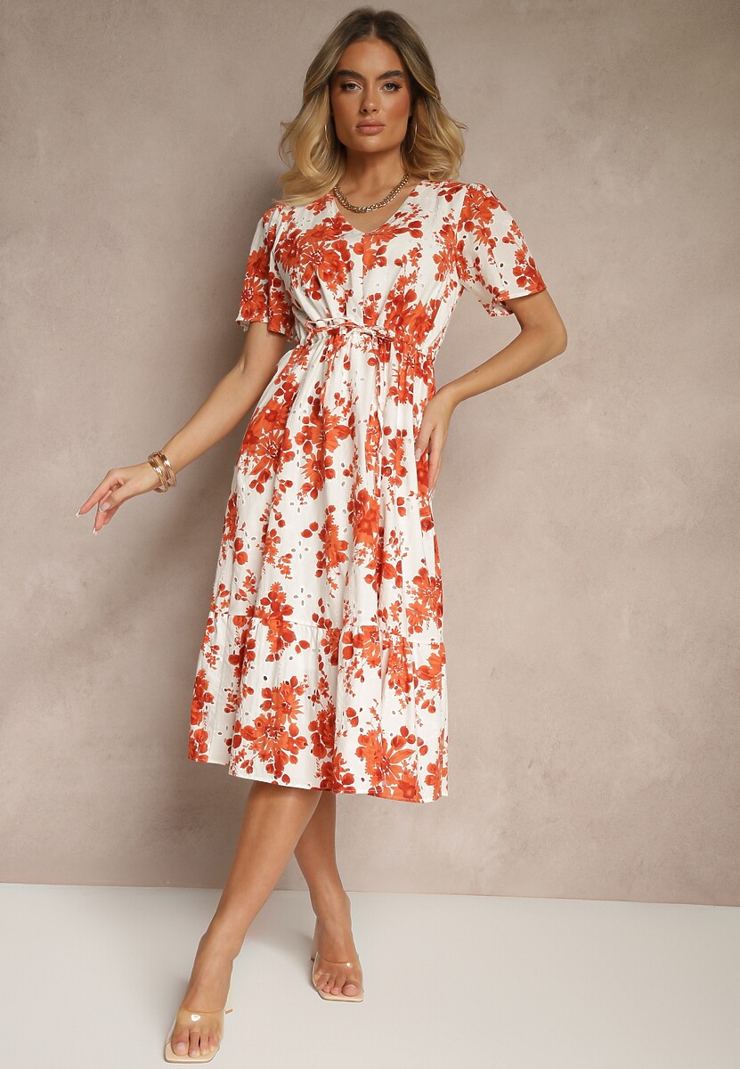 Pomarańczowa Bawełniana Sukienka Rozkloszowana Ażurowa w Kwiatowy Print Velbia