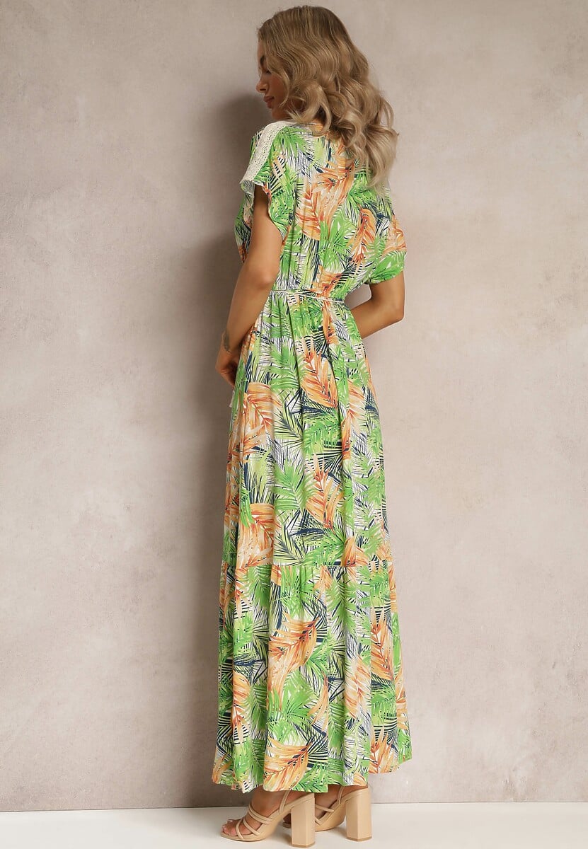 Zielono-Pomarańczowa Maxi Sukienka z Wiskozy w Kwiatowy Print ze Sznurkiem w Talii Anukka