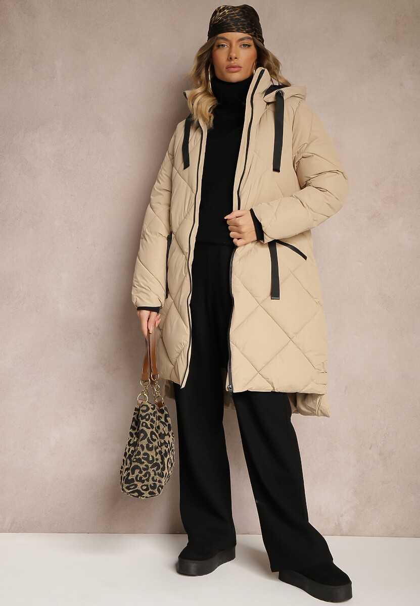 Ciemnobeżowa Pikowana Kurtka z Przeszyciem w Kratę Kapturem i Kieszeniami Zenetta