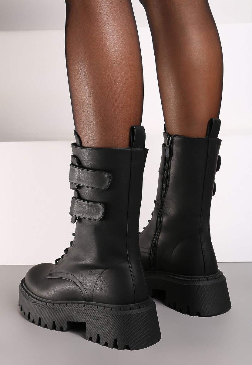 Czarne Botki na Platformie w Stylu Workerów Ozdobione Paskami na Rzep Sairona