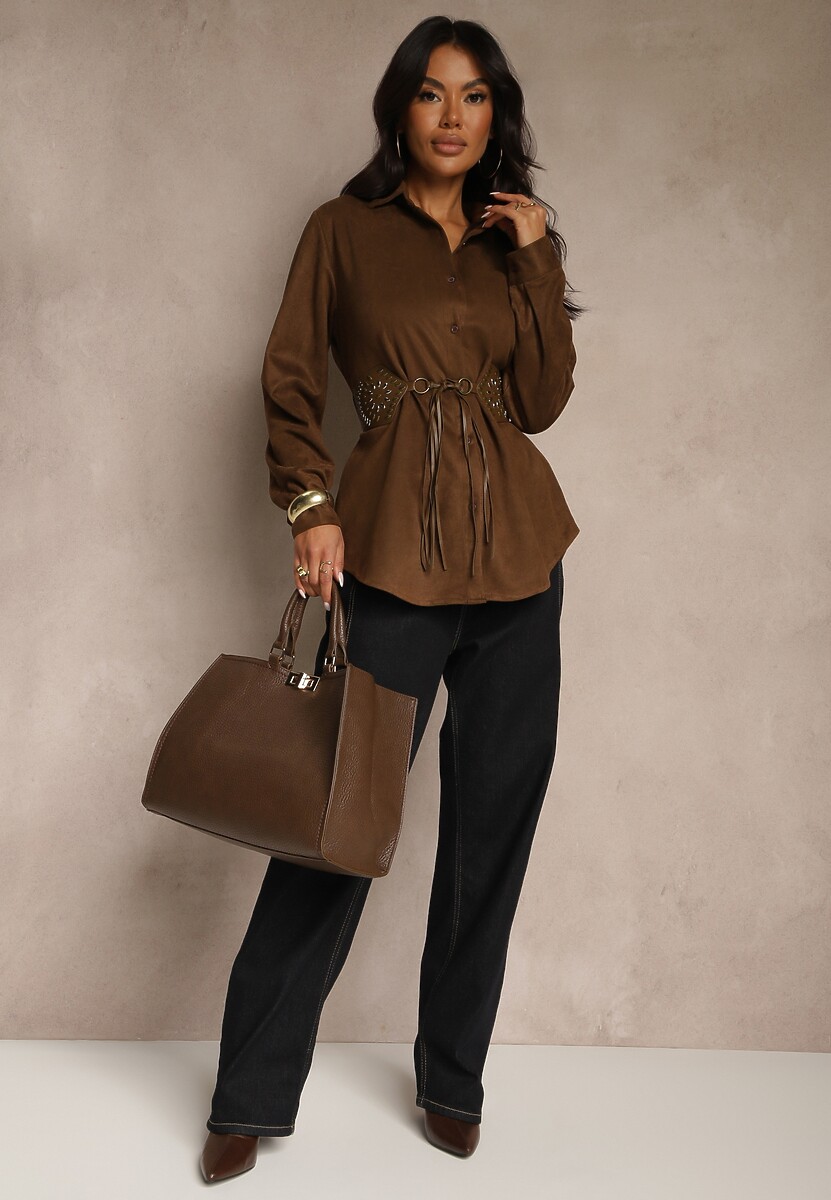 Brązowa Koszula Boho z Dodatkowym Paskiem Zdobionym Frędzlami Uniala