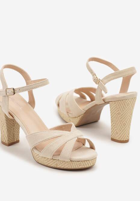 Beżowe Sandały na Słupkowym Obcasie o Tweedowej Fakturze Fodivira
