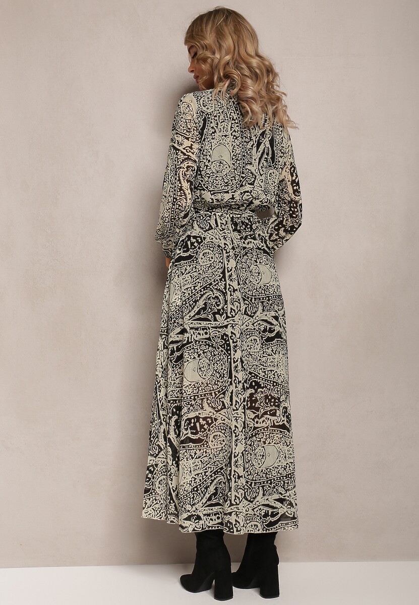 Beżowo-Czarna Sukienka Rozkloszowana z Wiązanym Paskiem Blerore