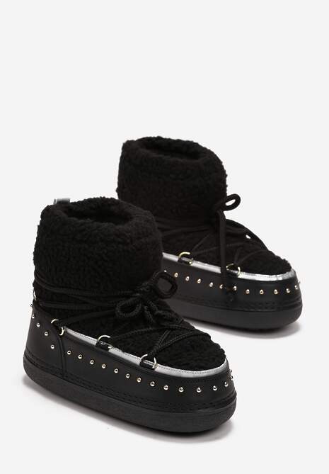 Czarne Śniegowce z Ozdobnym Sznurowaniem Ćwiekami i Futerkiem Covesa