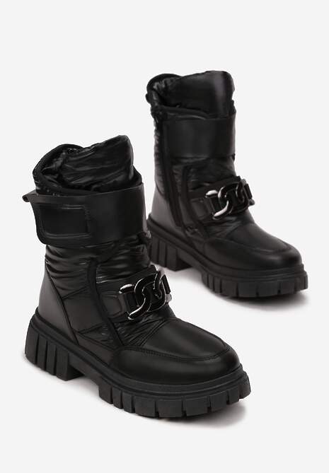 Czarne Pikowane Śniegowce z Klamrą w Kształcie Łańcucha Inaol