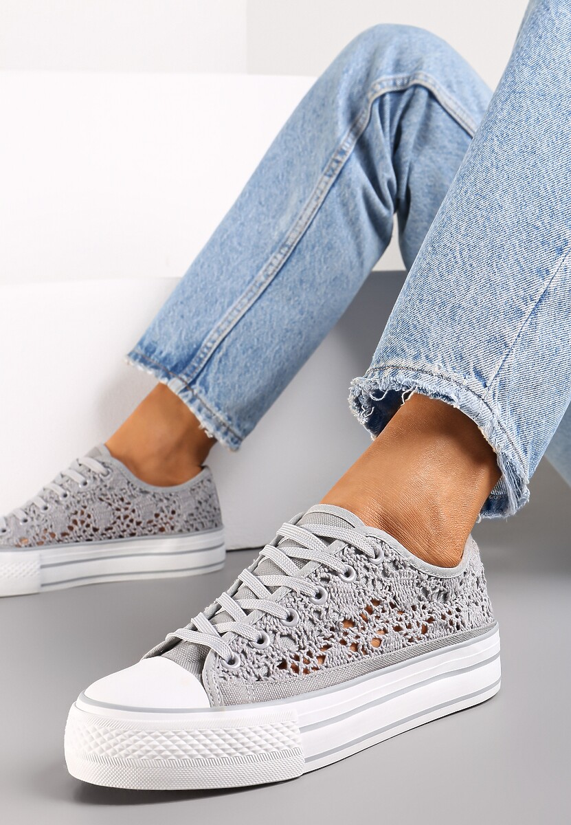 Beżowe Trampki Przed Kostkę z Ażurową Cholewką Shiliarre