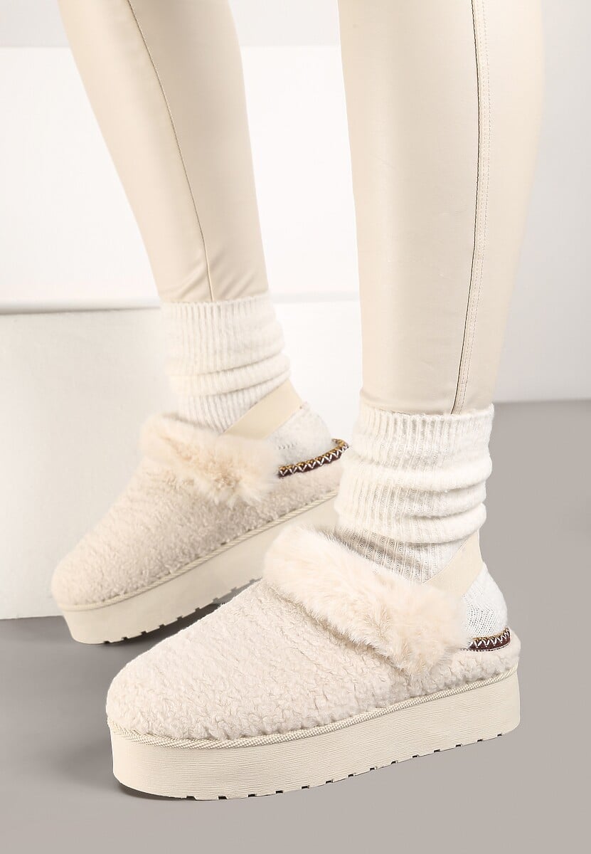 Beżowe Futerkowe Śniegowce na Grubej Podeszwie z Gumką na Pięcie Sosena