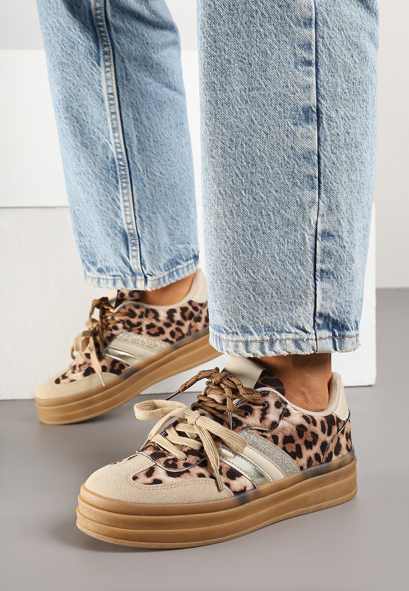 Panterkowe Sneakersy w Stylu Tenisówek Ozdobione Brokatem Teladriena