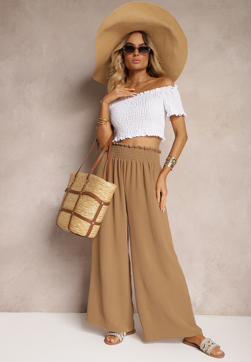 Jasnobrązowe Spodnie High Waist z Szerokimi Nogawkami i Gumką w Pasie Risabessa