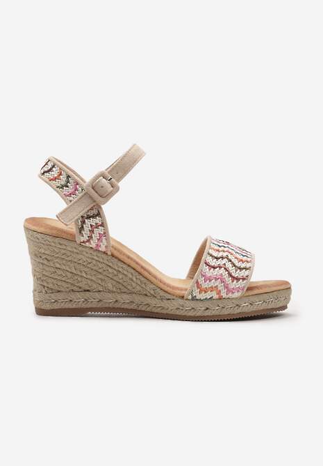 Beżowe Sandały z Plecionką z Juty na Koturnie i Ozdobnie Wyszywanymi Paskami Etrapivia