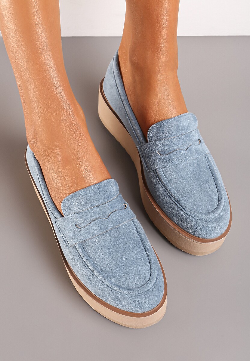 Niebieskie Półbuty w Stylu Mokasynów z Imitacji Zamszu na Platformie Vhisper
