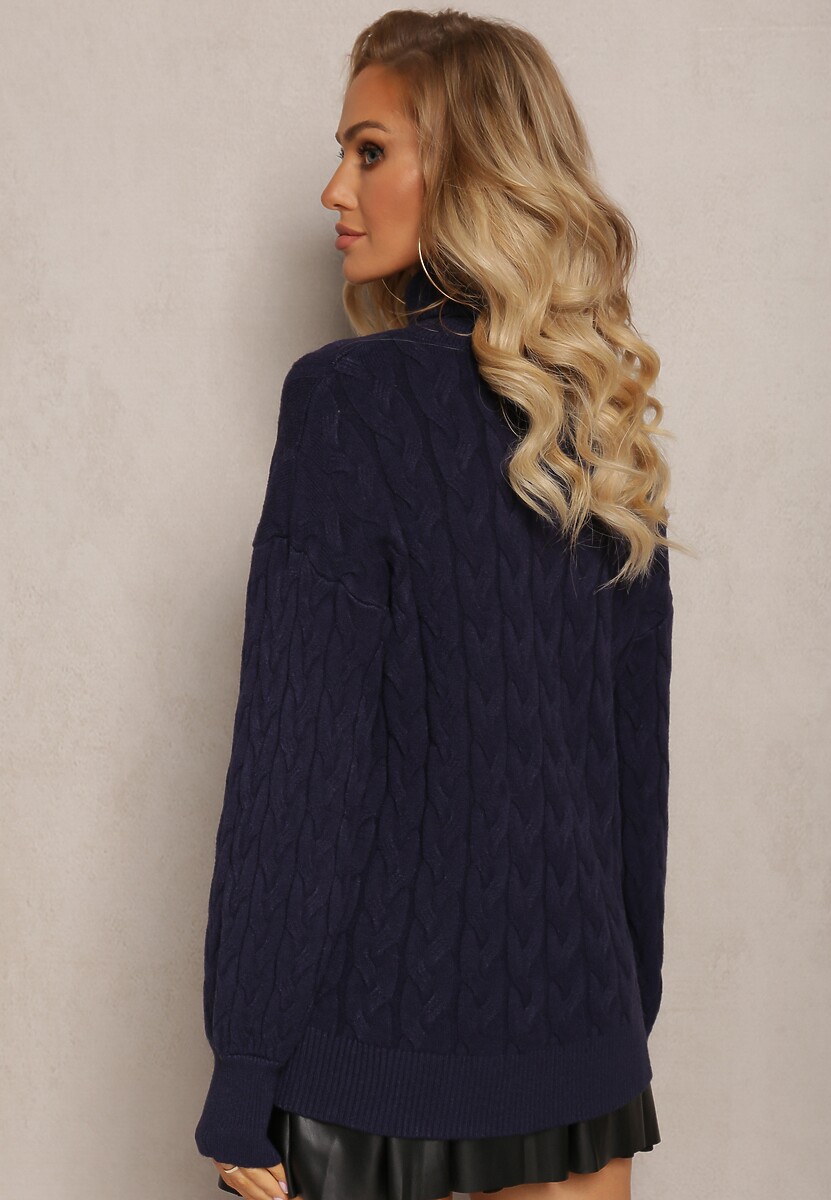 Granatowy Sweterkowy Golf o Warkoczykowym Splocie Taitusi