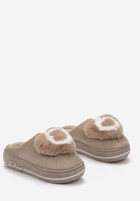 Ciemnobeżowe Kapcie na Grubej Podeszwie z Futrzaną Aplikacją Phoenix