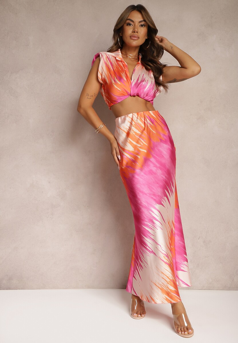 Różowo-Pomarańczowy Komplet Spódnica Wykończona w Pasie Gumką i Koszula Przeplatana z Przodu i Faleria