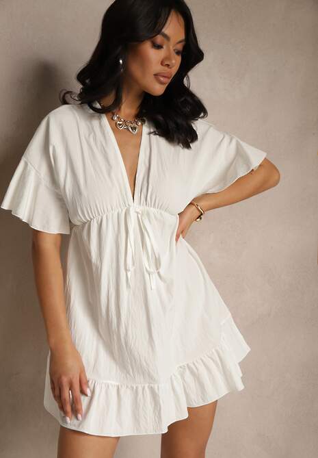 Biała Rozkloszowana Sukienka z Wiskozą z Rękawami Typu Nietoperz i Falbanką Nellimi