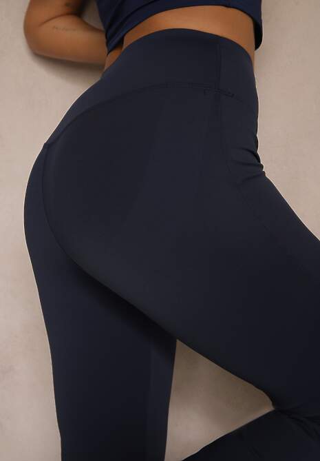 Granatowe Spodnie Dzwony Legginsy High Waist Onellin