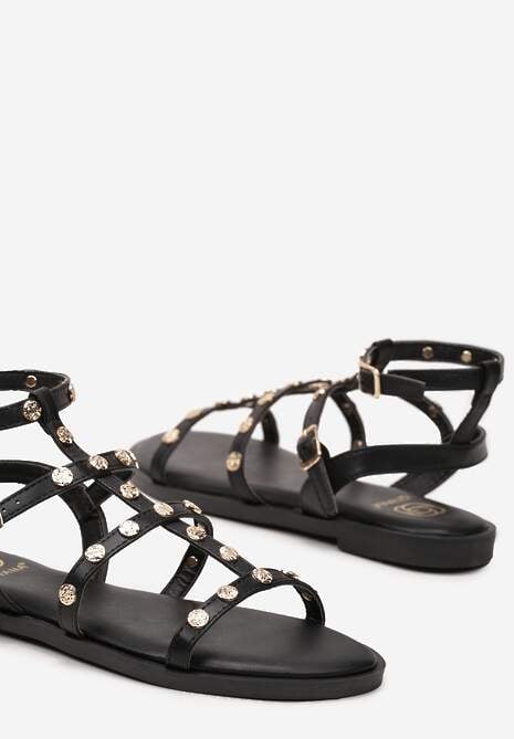 Czarne Sandały Typu Rzymianki Ozdobione Nitami Hubedia