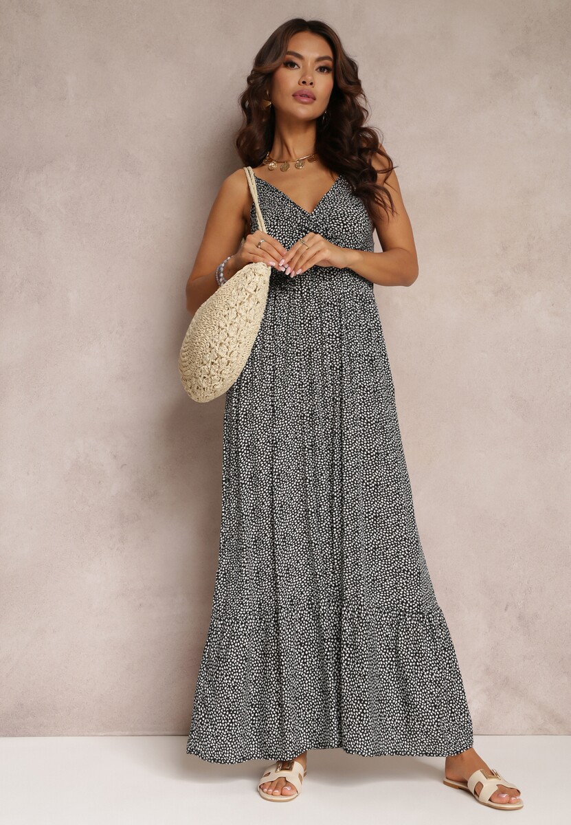 Czarna Sukienka Rozkloszowana z Gumką w Pasie Konasia