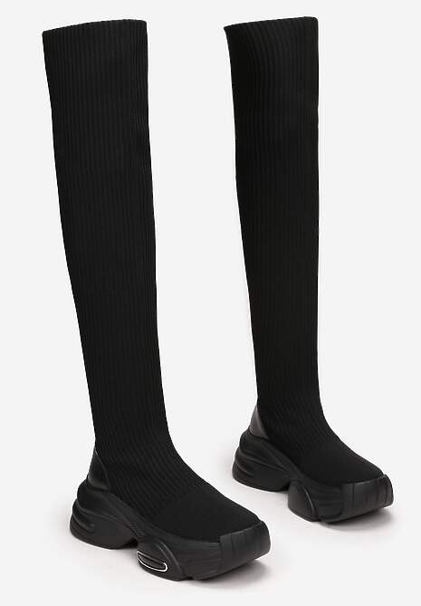 Czarne Kozaki z Elastyczną Prążkowaną Cholewką za Kolano Phoimia