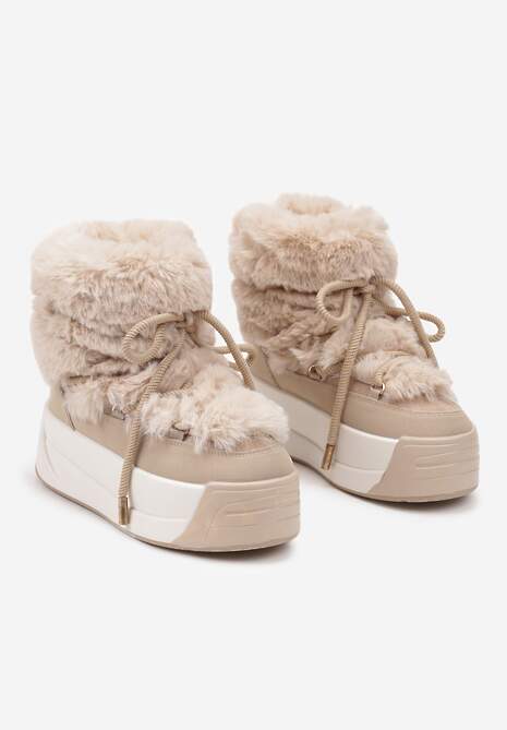 Ciemnobeżowe Futerkowe Śniegowce Wsuwane na Platformie z Imitacją Sznurówek Linettia