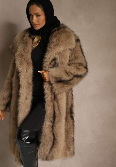 Brązowy Płaszcz Futerko o Prostym Kroju z Szerokim Kołnierzem Ezilana