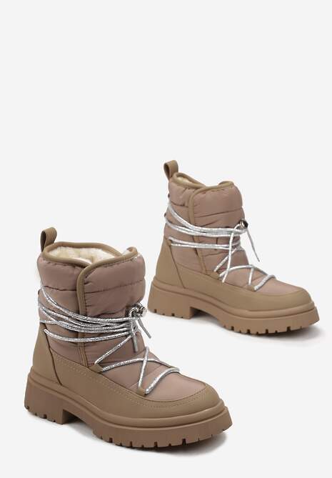 Ciemnobeżowe Pikowane Ocieplane Śniegowce na Grubej Podeszwie z Ozdobnym Wiązaniem Klimorsi