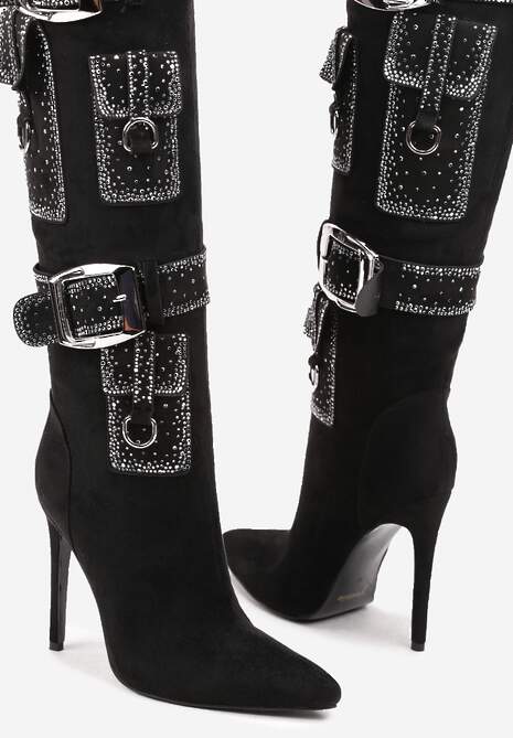 Czarne Kozaki na Obcasie Ozdobione Klamrami Kieszonkami i Cyrkoniami Ansirea