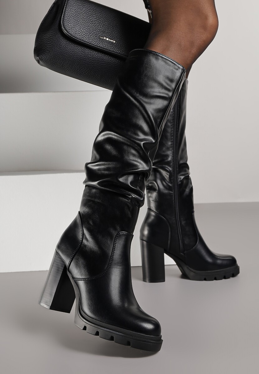 Czarne Kozaki do Kolana z Marszczoną Cholewką i Obcasem Typu Słupek Netalea