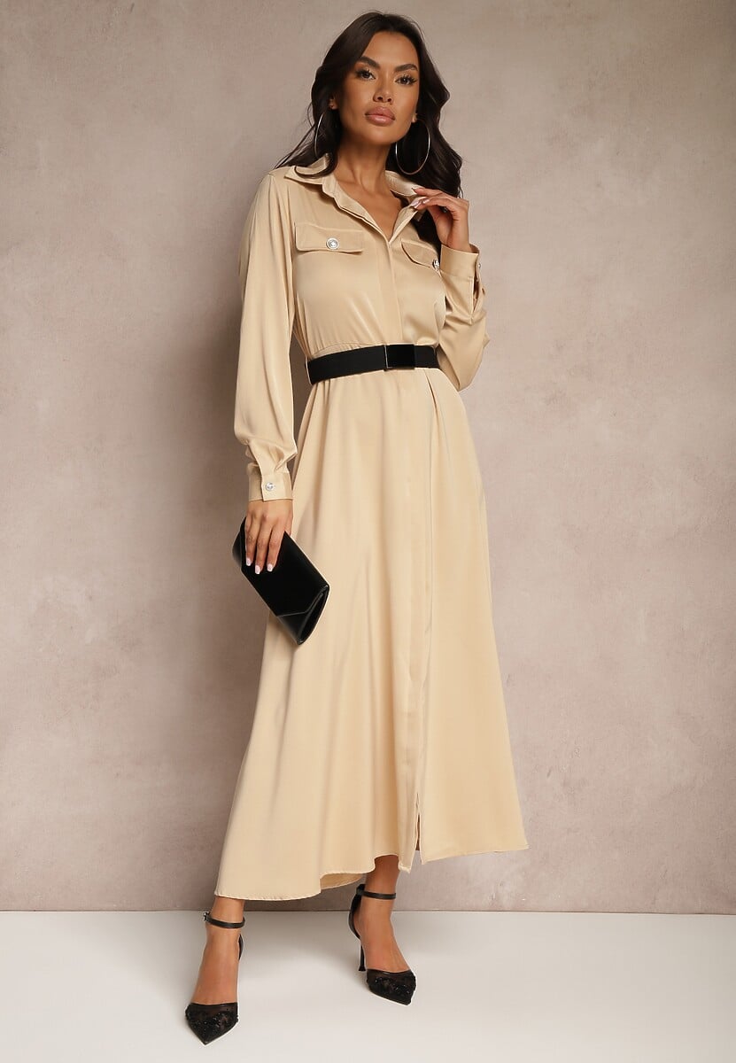 Beżowa Satynowa Sukienka w Stylu Szmizjerki z Imitacjami Kieszeni i Paskiem Vaminay