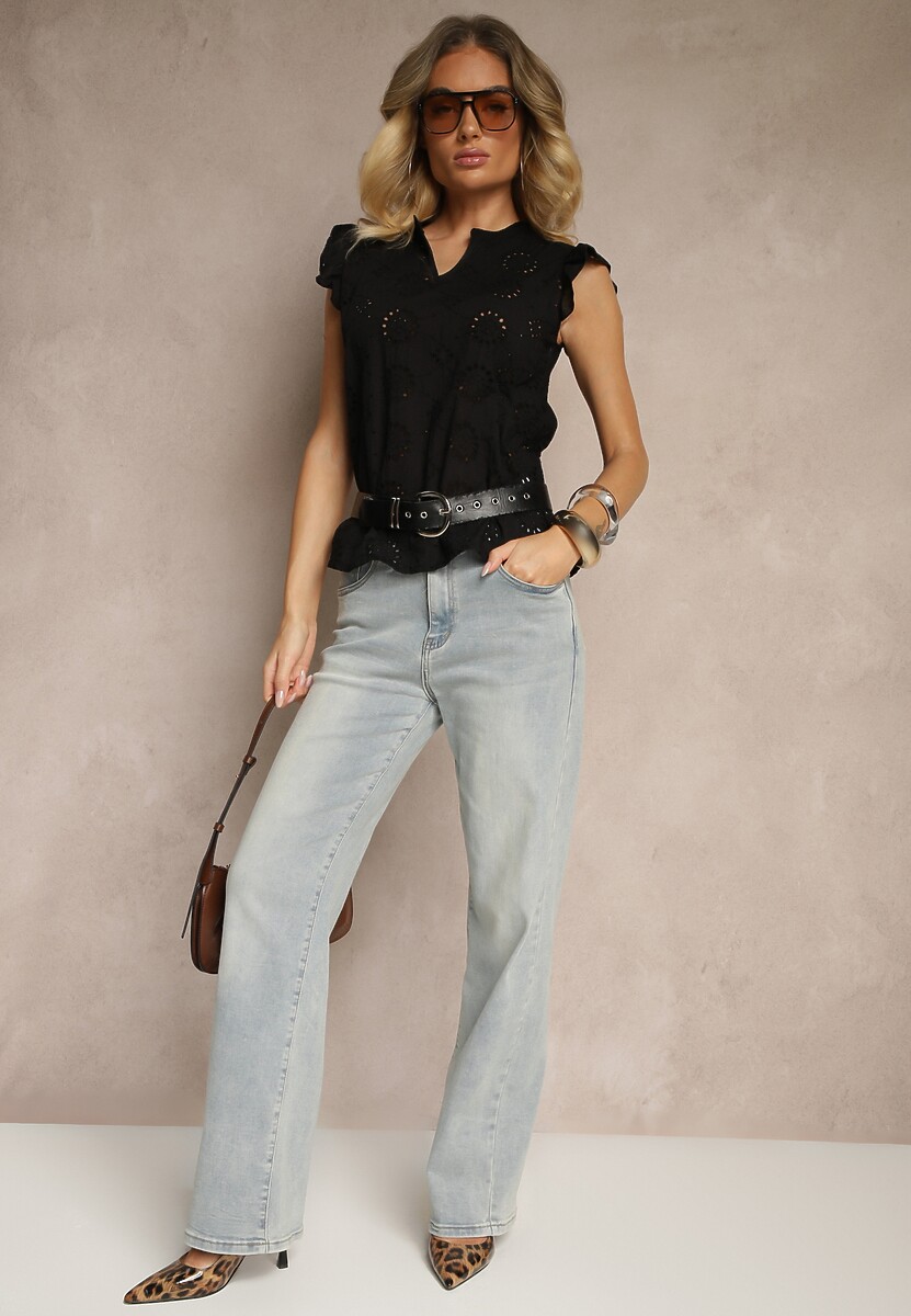 Czarna Bawełniana Bluzka Ozdobiona Falbankami i Ażurowym Wzorem Grelzeki