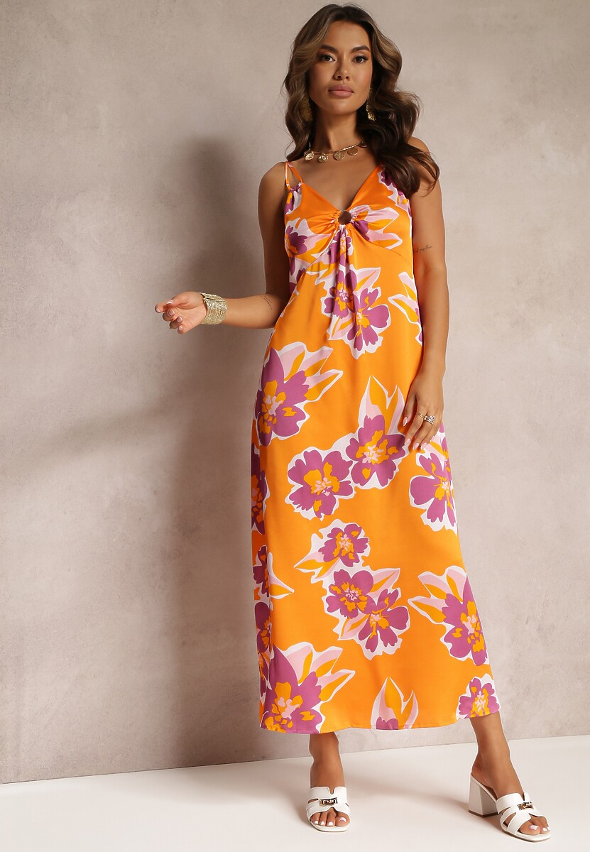 Biało-Zielona Satynowa Sukienka Maxi w Kwiaty ze Zdobieniem przy Dekolcie Benna