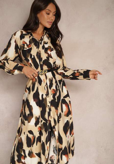 Beżowa Wzorzysta Sukienka o Koszulowym Kroju z Paskiem z Plecionki Mirirani