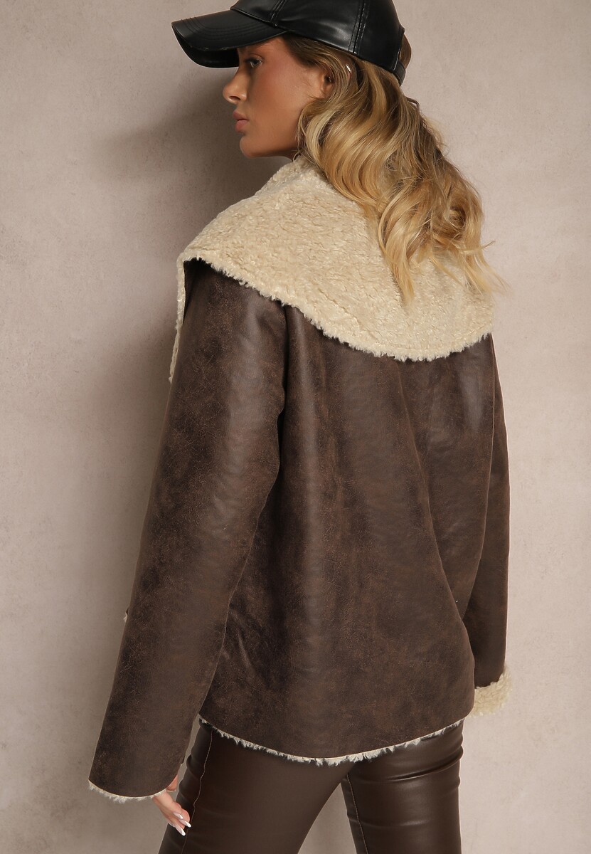 Brązowa Pudełkowa Kurtka Biker z Szerokim Kołnierzem i Futrzaną Wyściółką Lioiala