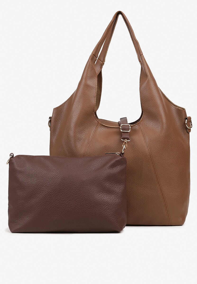 Beżowa Torebka Shopperka Ozdobiona Przeszyciami z Dodatkową Saszetką Latavena