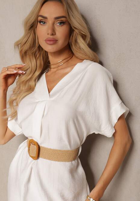 Biała Sukienka z Wiskozy z Trójkątnym Dekoltem i Paskiem z Plecionki Diremia