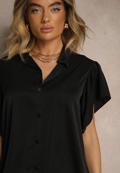 Czarna Koszulowa Sukienka Ozdobiona Falbankami i Guzikami Tenelora