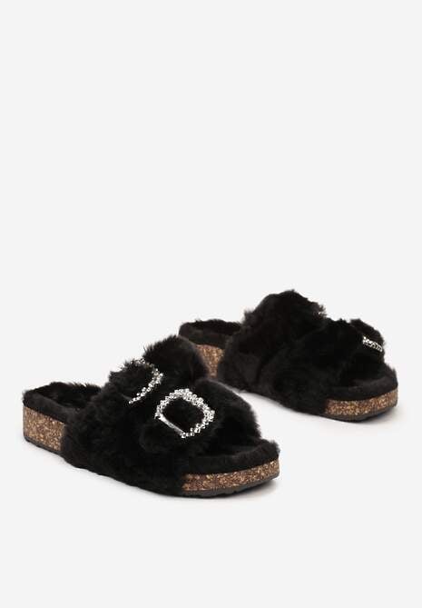 Czarne Klapki z Futerkiem na Korkowej Podeszwie Ozdobione Cyrkoniami Belilae