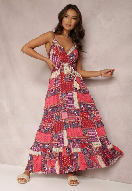 Bordowa Wiskozowa Sukienka o Kopertowym Kroju w Print Patchwork Grehan