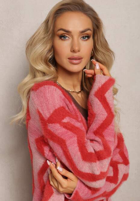 Czerwony Luźny Kardigan Niezapinany w Geometryczny Print Sheshy