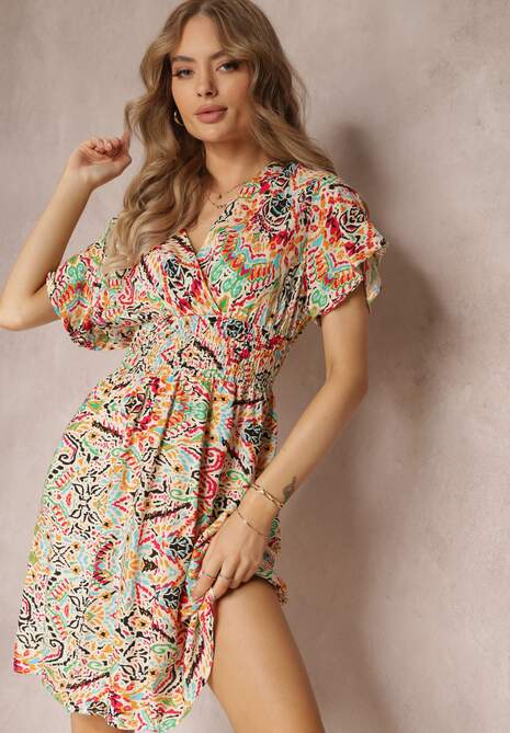 Beżowa Wiskozowa Sukienka z Gumką w Pasie Ozdobiona Abstrakcyjnym Printem Kemira