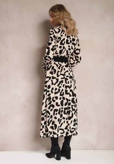 Beżowo-Czarna Sukienka Koszulowa w Cętki z Paskiem Canahy