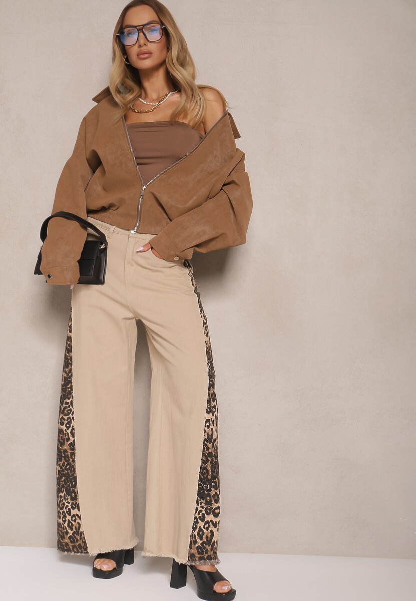 Beżowe Jeansy z Bawełny High Waist ze Wzorem Panterki Velliane