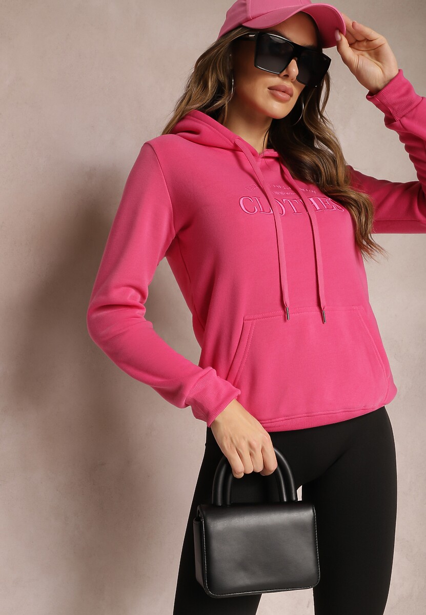 Różowa Ocieplana Bluza z Haftem i Kapturem Ieliana