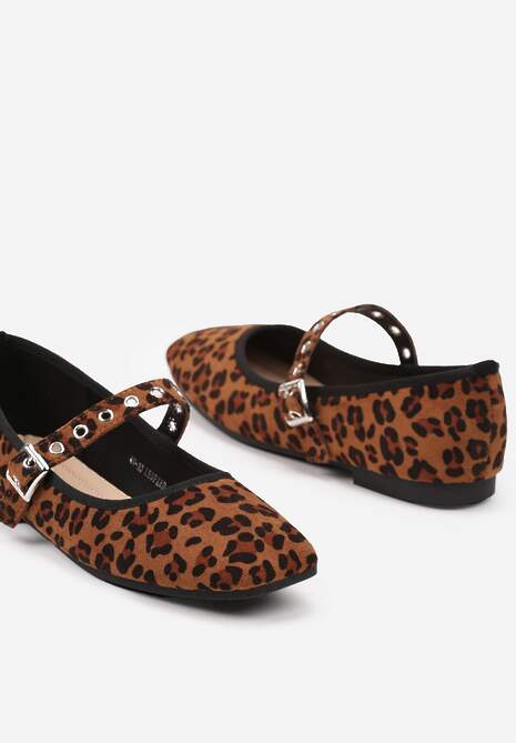 Brązowe Ekozamszowe Balerinki w Panterkę z Kwadratowym Noskiem i Zapięciem na Sprzączkę Ittalise
