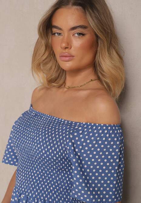 Niebieska Bawełniana Sukienka o Rozkloszowanym Kroju Zdobiona Printem w Groszki Lisanovia