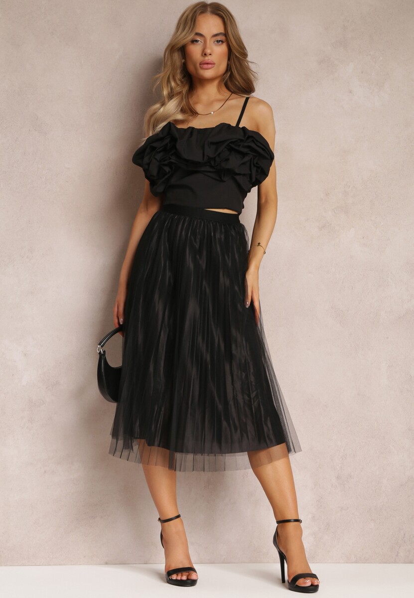 Czarna Taliowana Spódnica z Plisowaniem i Gumką w Pasie Cosmie