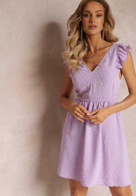 Fioletowa Mini Sukienka z Odkrytymi Plecami Wykonana z Tkaniny Plumeti Telmolio