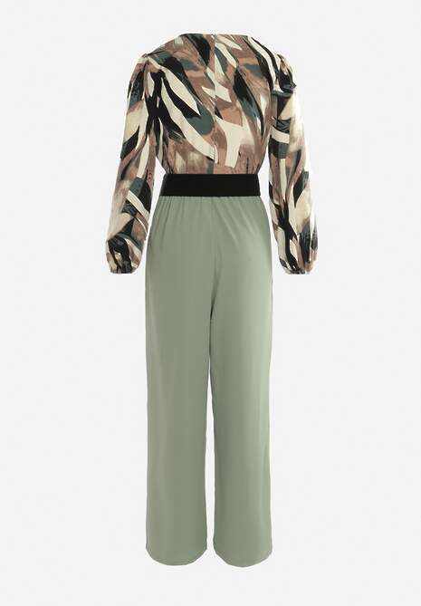 Zielono-Beżowy Kopertowy Kombinezon z Paskiem i Szerokimi Spodniami Nittama